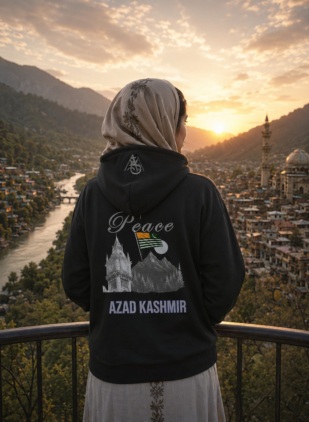 AlifAin Peace Azad Kashmir hoodie worn, lifestyle shot