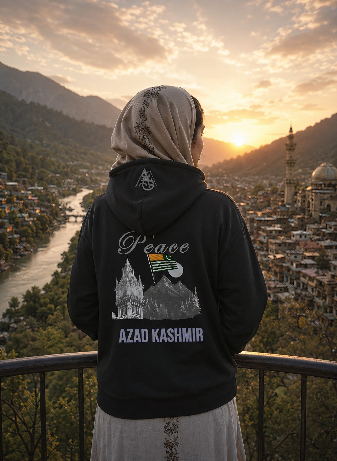 AlifAin Peace Azad Kashmir hoodie worn, lifestyle shot