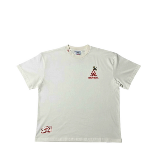 AlifAin Heaven on Earth ivory beige tee, back print detail