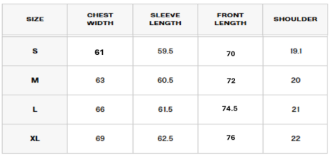 Size chart for Saaya Obsidian - Vintage Black Hoodie